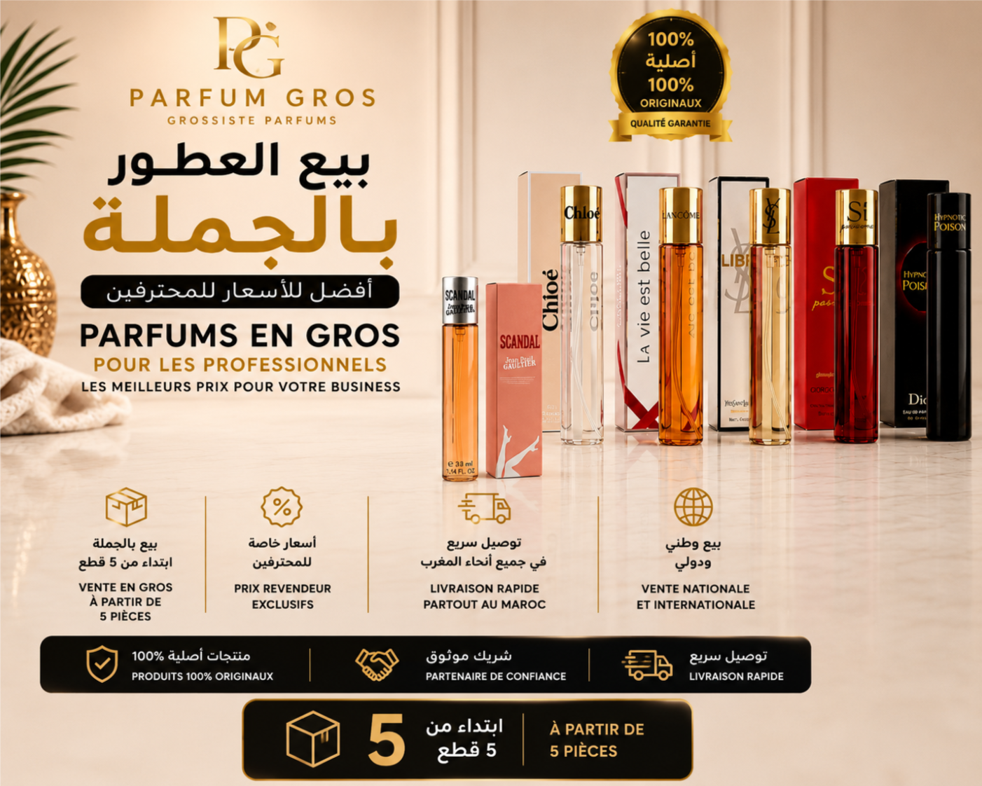Parfum Gros Maroc - Vente en gros de parfums à partir de 5 pièces avec prix revendeur, livraison rapide partout au Maroc et vente nationale et internationale.